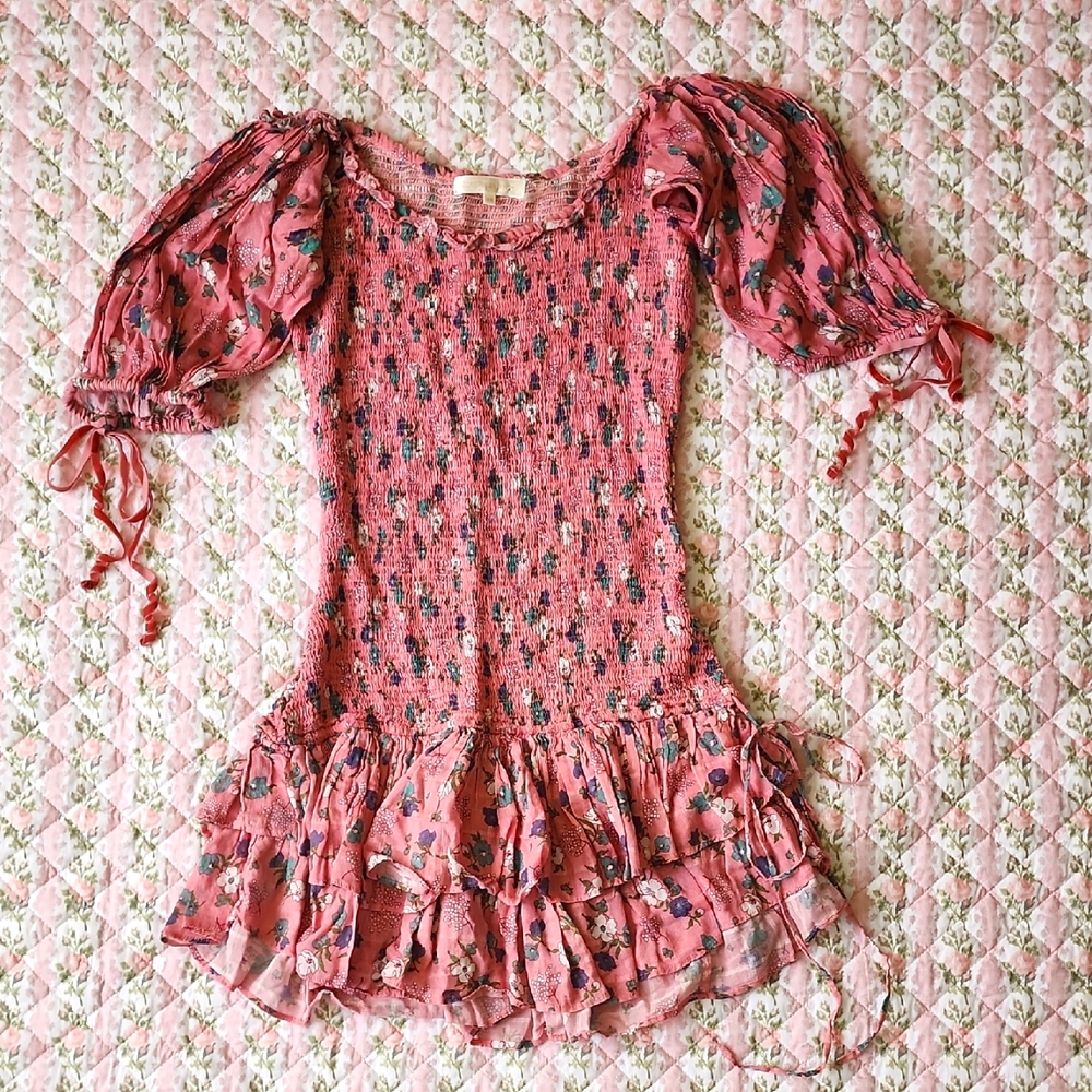 Loveshackfancy Violet Hollywood Pink Floral Smocked Dress with Ruffle Hem XS - Picture 8 of 17